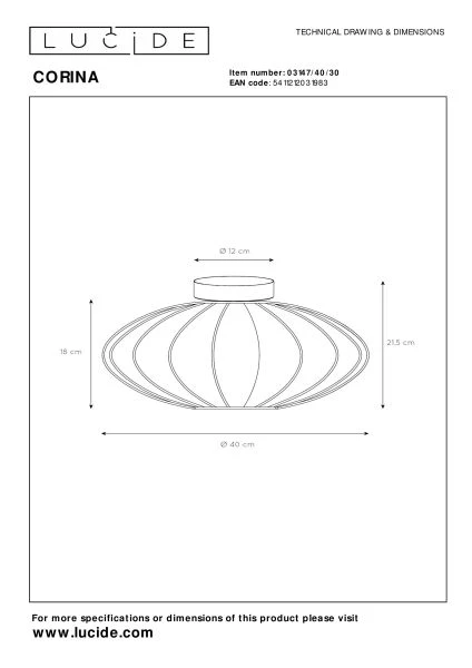 Lucide CORINA - Flush ceiling light - Ø 40 cm - 1xE27 - Black - technical